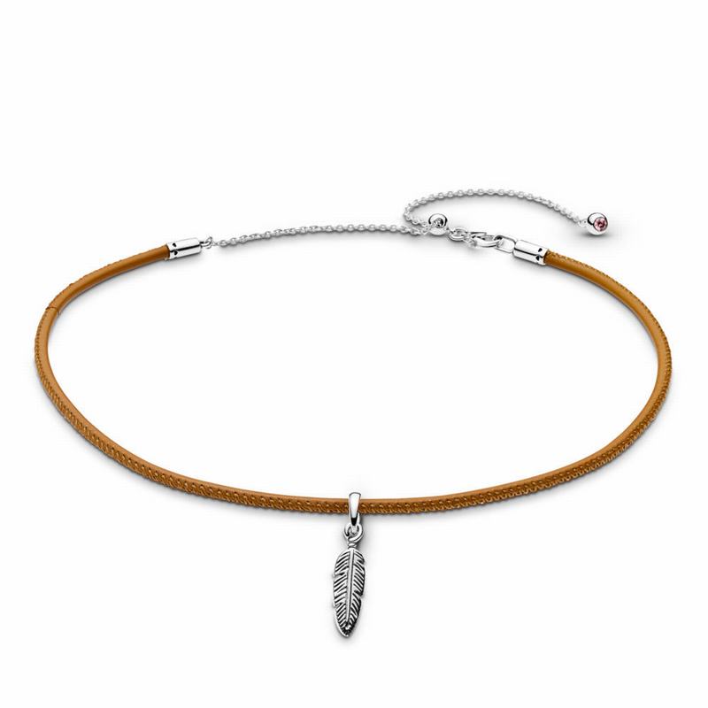 Pandora Golden Tan Leather Choker & Feather Silver Egypt NH4319685